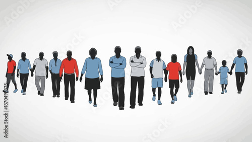 A diverse group of people of various ages and genders are depicted walking together in a line, showcasing community and unity.
