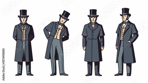 Four Victorian-era gentlemen dressed in formal attire, including top hats and long coats, depicted in various poses.