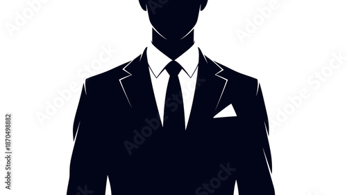 Silhouette of a man in a sharp black suit with a white shirt and tie.