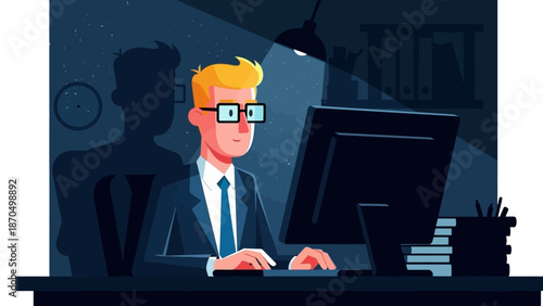 A man in a suit and tie wearing glasses works late at a computer in a dimly lit office.
