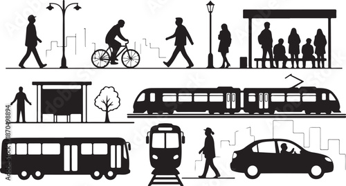 City Street Silhouettes of People and Vehicles