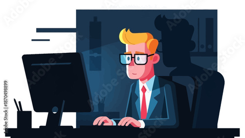 A man in a suit and glasses is working on a computer in a dark office with a shadow behind him.