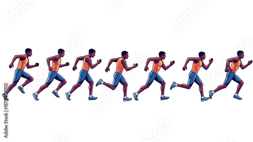 Sequence of a runner in motion, capturing the different phases of a stride.