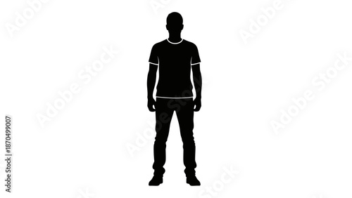 Silhouette of a standing man wearing a t-shirt and jeans against a white background.