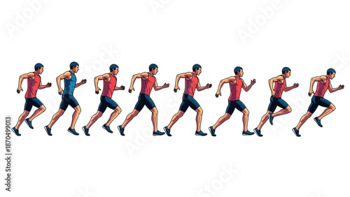 Sequence of a male athlete running in a race, showcasing different phases of his stride.