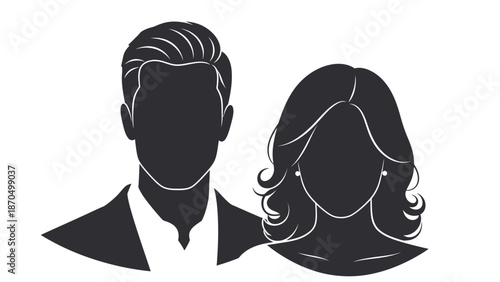 Silhouette portraits of a man in a suit and a woman with styled hair, representing a couple or business partners.