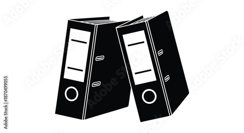 A graphic depiction of two black ring binder silhouettes leaning against each other silhouette