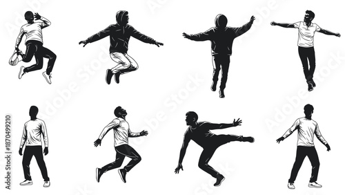 Collection of eight dynamic black and white illustrations of people in various active poses, including jumping and dancing.