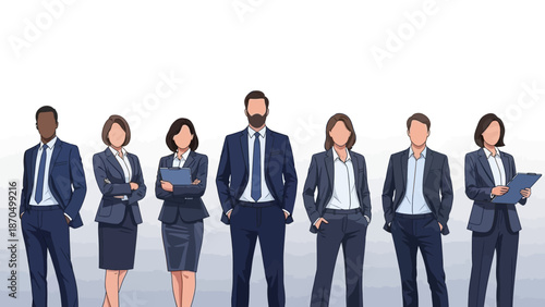 A diverse group of seven professionals in matching navy blue suits standing confidently against a white background.