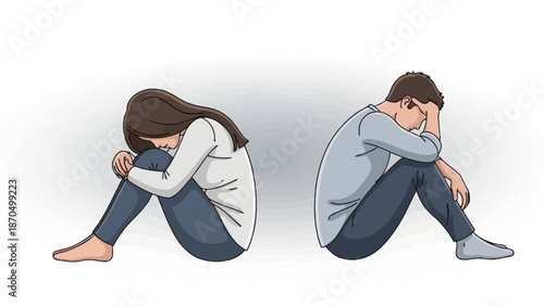 A woman and a man sitting back to back, both appearing distressed and withdrawn.