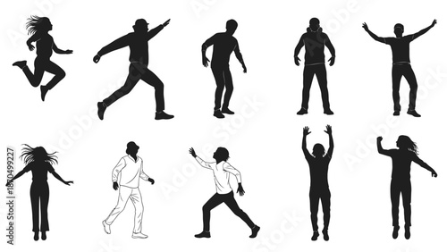 Collection of diverse silhouette figures in various dynamic poses and actions, showcasing human movement and expression.