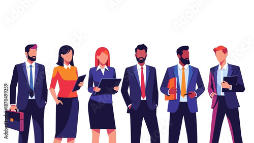 A diverse group of six professionals in business attire standing together, showcasing teamwork and collaboration in a corporate setting.