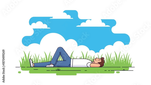 A man is lying on his back in the grass, relaxing under a blue sky with white clouds.