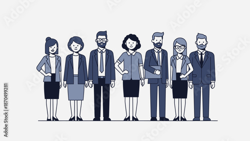 A diverse group of seven professionals, including men and women, stand in a line against a plain background, dressed in business attire.