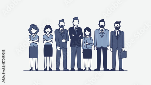 A diverse group of business professionals standing together in a line.