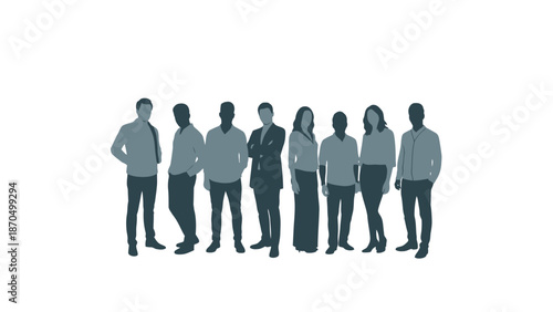 A diverse group of nine men and women stand in a line against a white background.
