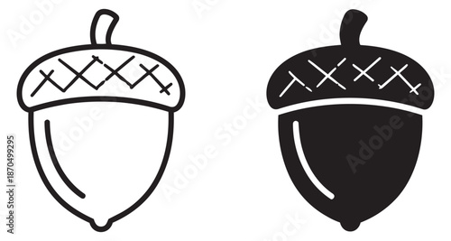 Hand drawn acorn icon set featuring outline and solid versions for fall designs