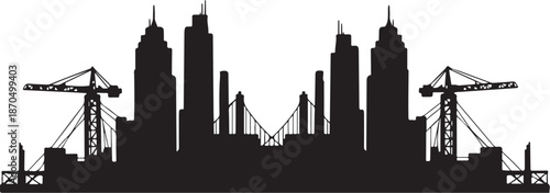 City Skyline with Construction Cranes Silhouette Vector Illustration