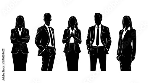 Silhouettes of five business professionals in formal attire standing against a white background.