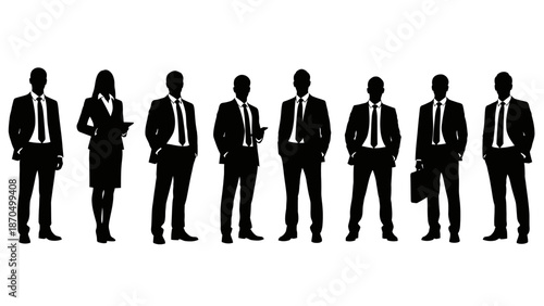 A group of business professionals standing in a line, showcasing a diverse team in formal attire.