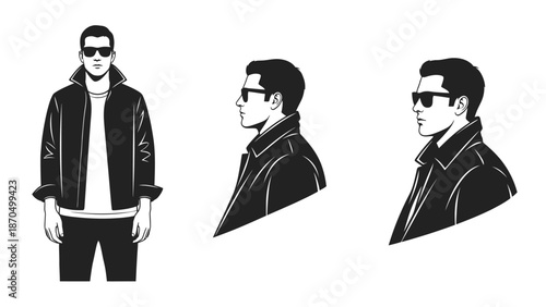 Three illustrations of a man wearing a leather jacket and sunglasses, shown from the front and in profile.