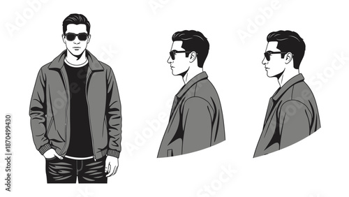 Three views of a man wearing sunglasses and a jacket, front and profile.