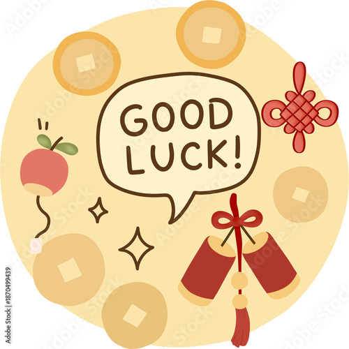 Cute Hand Drawn Chinese New Year Illustration Featuring Traditional Good Luck Symbols, Firecrackers, and Ancient Coins