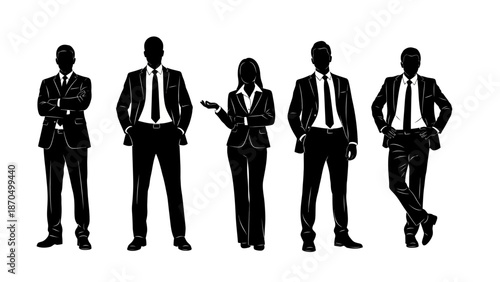 A group of five business professionals, three men and two women, are depicted in silhouette against a white background, standing in formal attire.