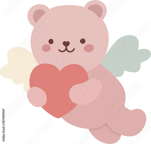 Cute Pink Cupid Teddy Bear Flying and Holding a Red Heart.