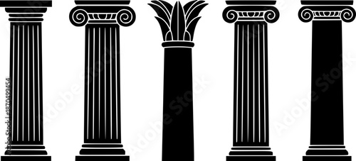 Classical architectural columns set. Black silhouettes of ancient Greek and Roman pillars including Doric, Ionic and Corinthian orders isolated on white background.