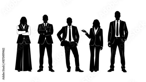 Silhouettes of five business professionals standing in a line, showcasing diversity in attire and posture.