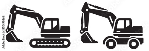 Silhouette icon excavator set featuring a tracked and a wheeled excavator for construction work