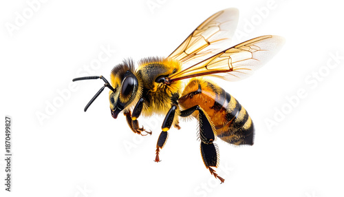 Macro closeup of a yellow and black honey bee with wings isolated on a white background for a nature and summer insect concept © wanna