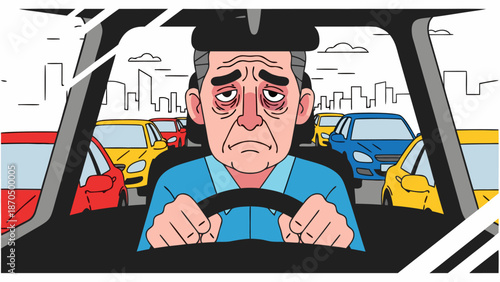 Tired Driver Stuck in Traffic Jam Exhausted Man in Car, Vector Illustration of Urban Commute Frustration