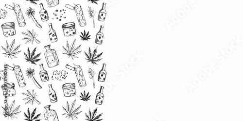 Botanical illustration featuring cannabis leaves bottles and jars on white background