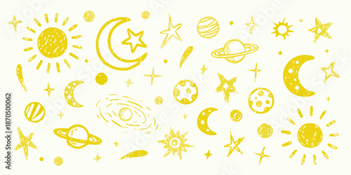 Yellow whimsical hand drawn illustration of celestial bodies and space elements