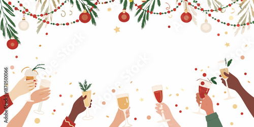 Festive celebration with hands raising glasses and christmas decorations above