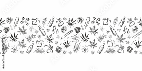 Seamless pattern of hand drawn cannabis leaves joints and related items