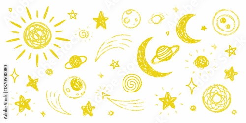 Yellow doodle art of celestial bodies sun moon stars and planets