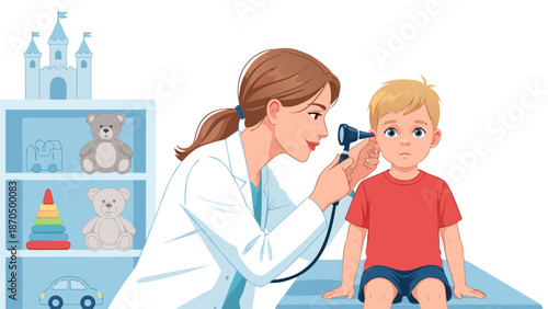 Cute vector illustration of a female doctor examining a young boy's ear with an otoscope in a pediatric clinic setting