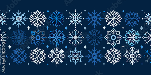A seamless pattern of intricate blue and white snowflakes on a dark background