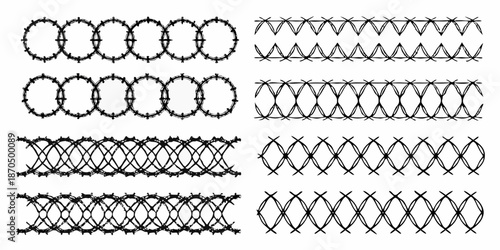 Variations of barbed wire patterns displayed in a black and white illustration