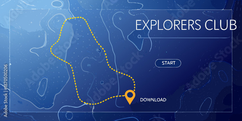 A digital map design featuring an explorers club and a dotted path