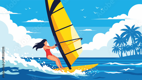 Vector illustration of a woman windsurfing in the ocean with a tropical island in the background, dynamic and energetic water sports scene