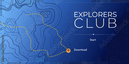 Explorers club design with topographic map background and call to action buttons