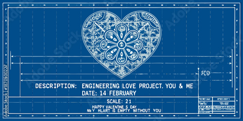 Blueprint heart drawing with engineering details and valentine s day message