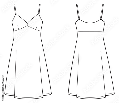 Line art slip dress set featuring front and back views for fashion design