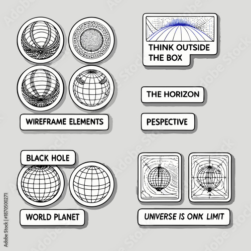 Abstract geometric shapes and text exploring concepts of space and perspective