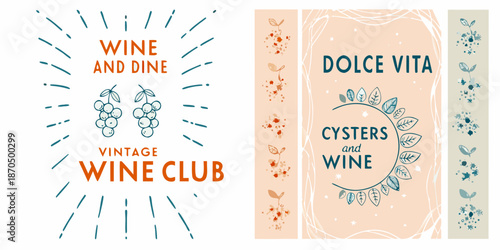 Elegant wine and dolce vita themed designs with botanical illustrations