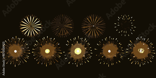 A series of golden firework bursts against a dark black background